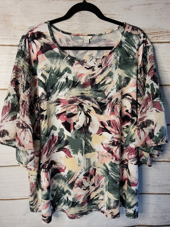 Cato Est. 1946 Tops - Cato Est. 1946 Brushstroke Floral Scoop Neck Tunic in Green and Pink